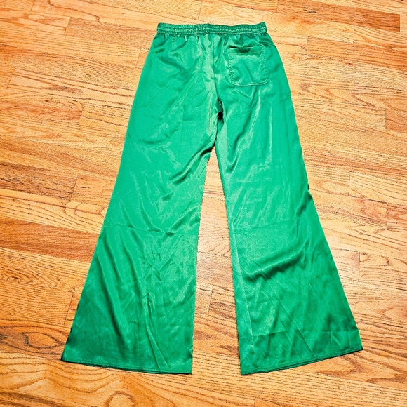 Green Satin Trousers Size L Elastic Tie Waist Wide Leg Casual or Dressy Colorful - Picture 5 of 6